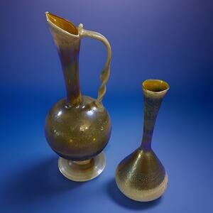 2 Handmade Neker Gold Tone Handblown Glass Bud Vases Made in Israel 8", 6" Tall
